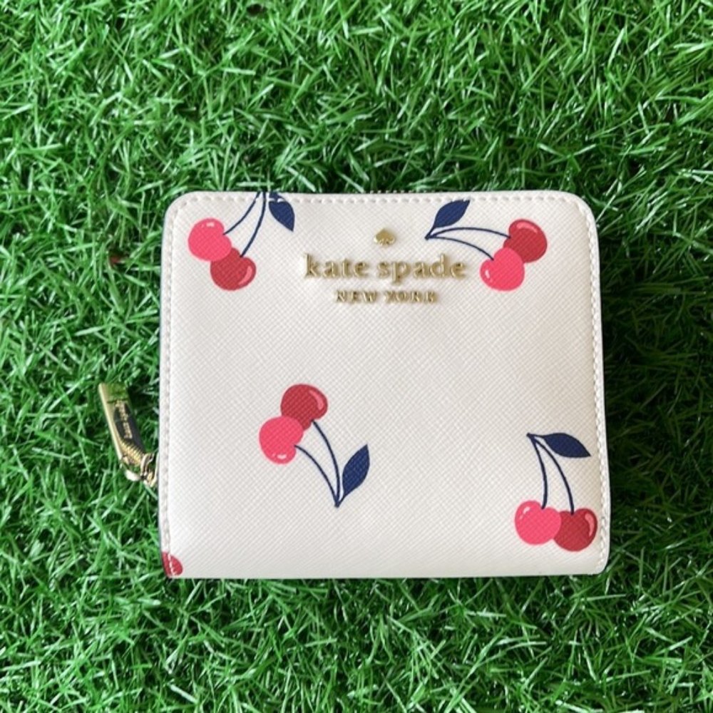 Kate Spade Dancing Cherrie Print Small Zip Around Bifold Wallet Cream Multi